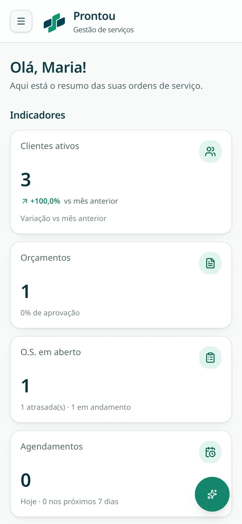 Painel do sistema no celular